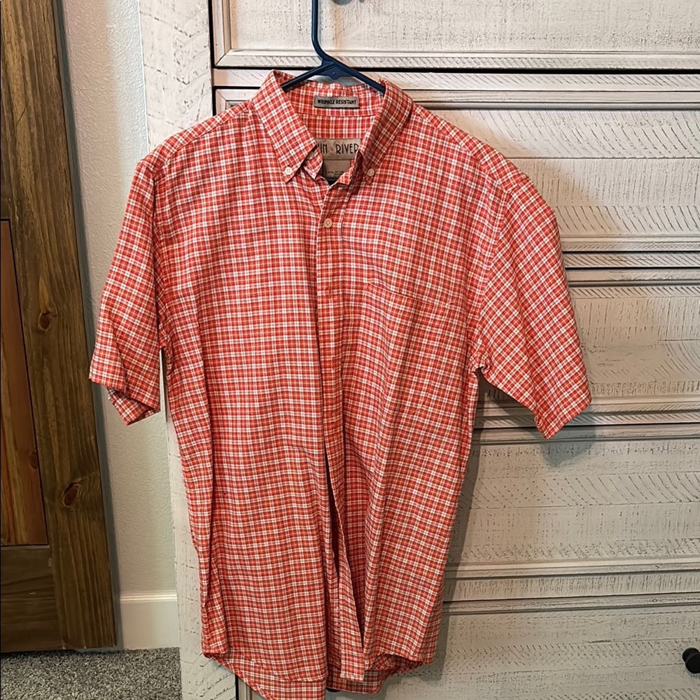 Red and White Casual Button Down Shirt with Checkered Pattern
